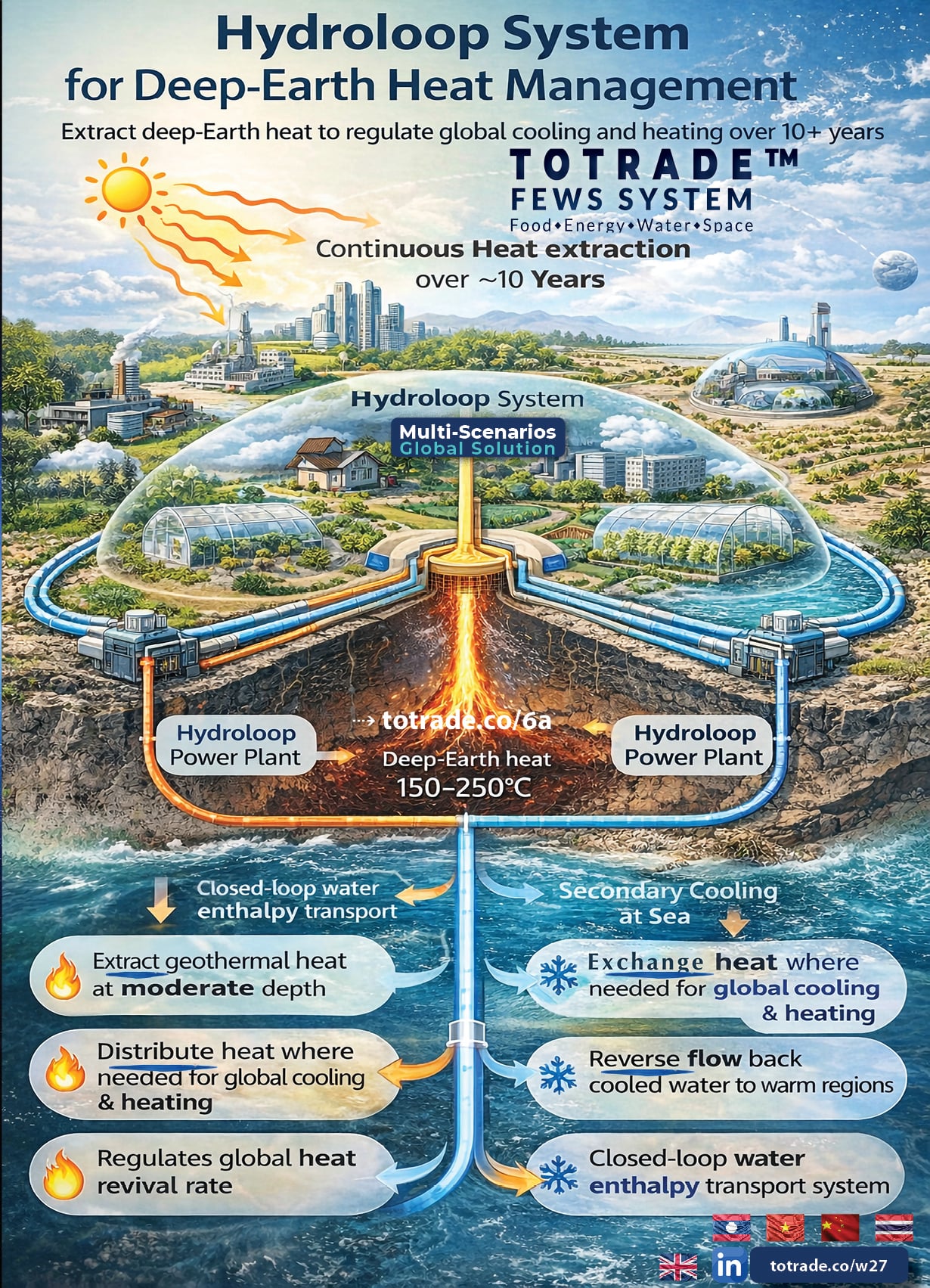 Extract Geothermal Heat at Moderate Depth. Regulate Global Cooling and Heating Over 10 Years
