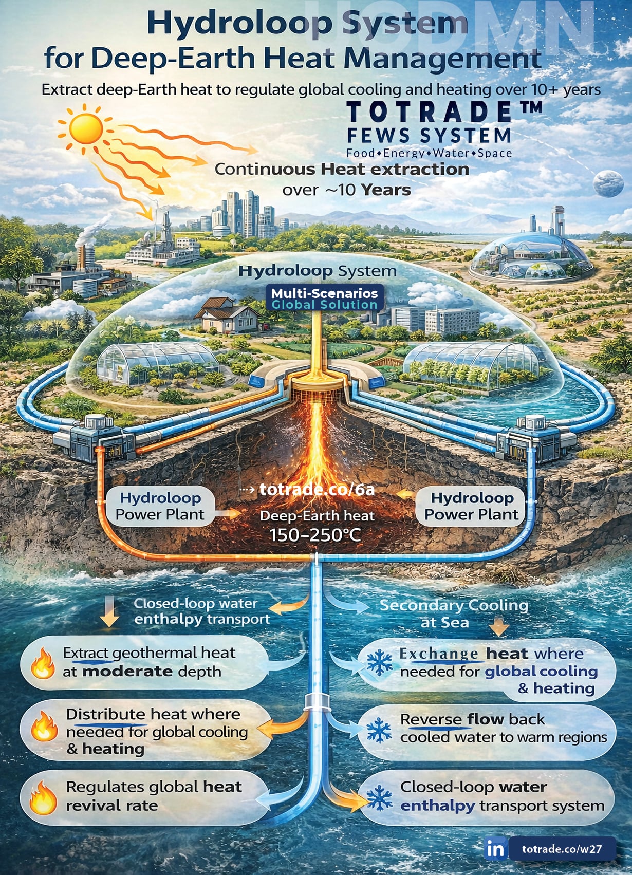 Extract Geothermal Heat at Moderate Depth. Regulate Global Cooling and Heating Over 10 Years