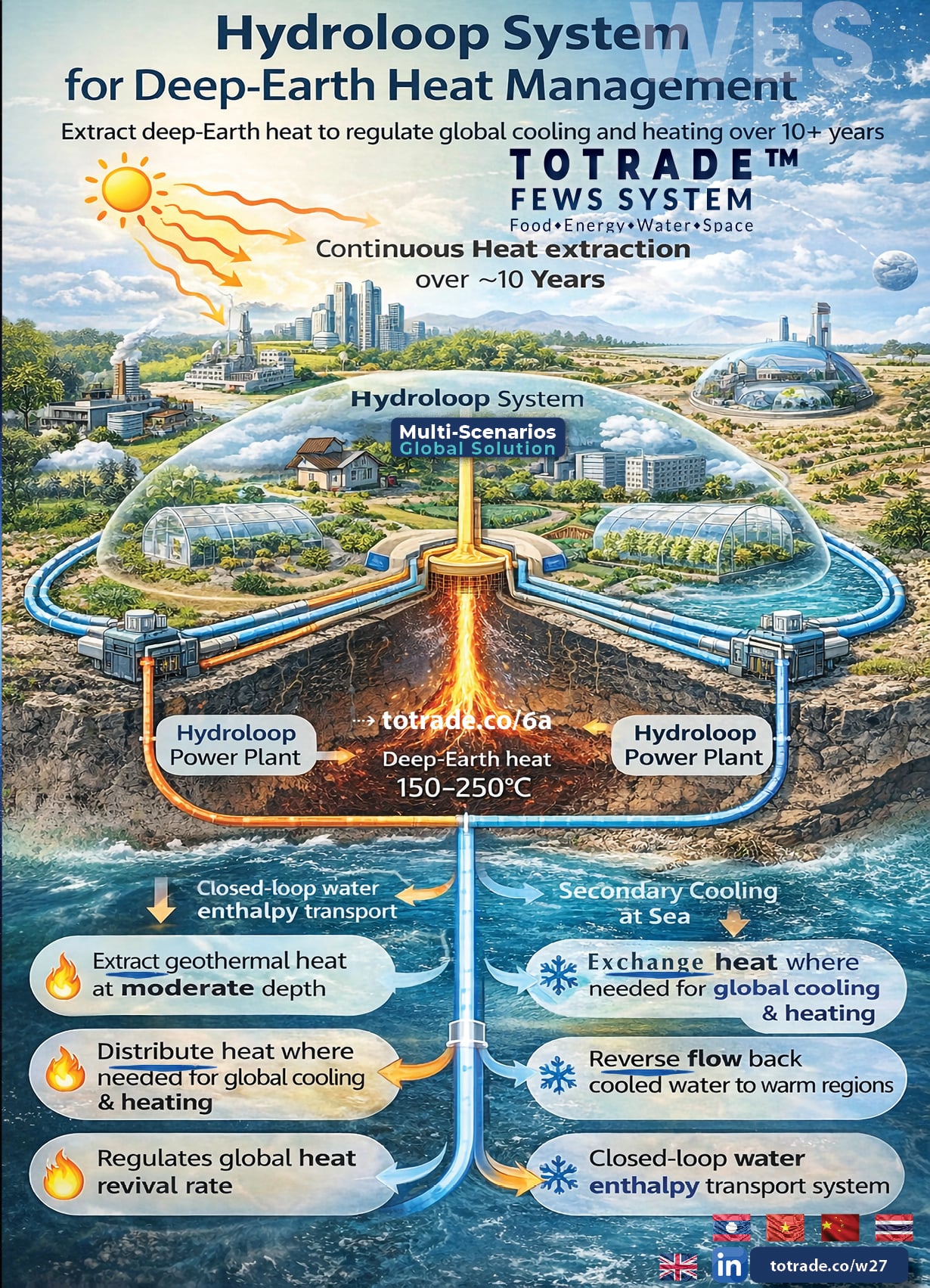 Extract Geothermal Heat at Moderate Depth. Regulate Global Cooling and Heating Over 10 Years