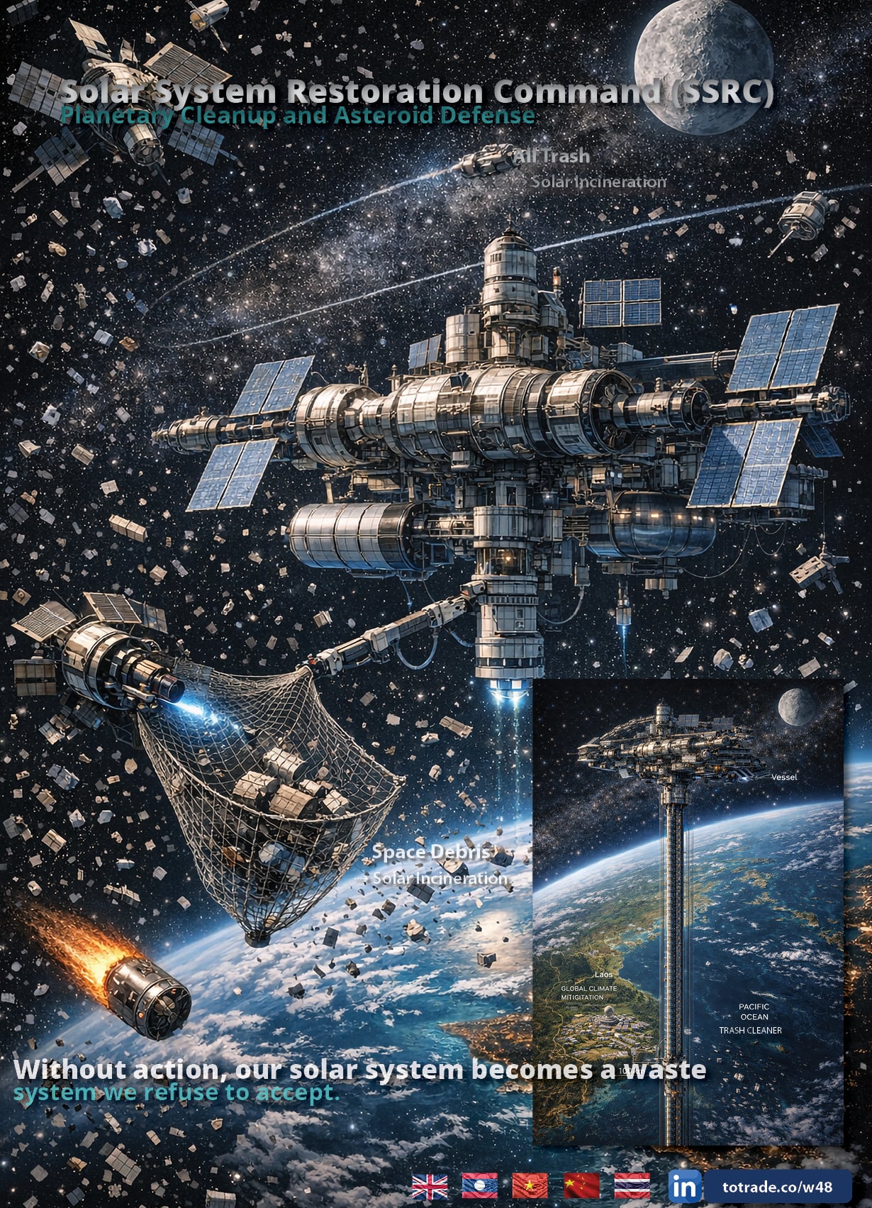 Solar System Restoration Command (SSRC™). We clean land, rivers, oceans, and air. We tackle space debris and asteroid defense by harvesting them