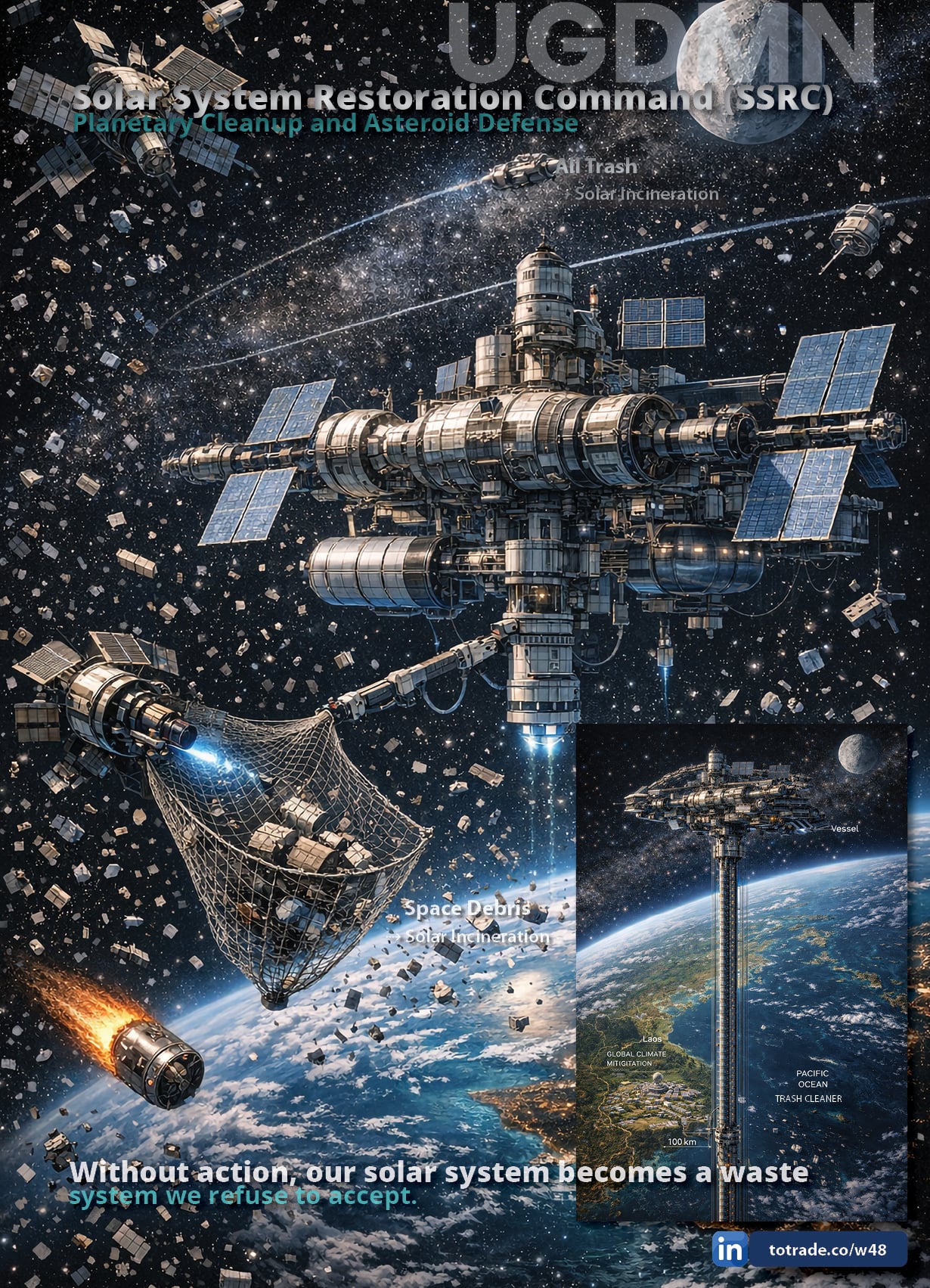 Solar System Restoration Command (SSRC™). We clean land, rivers, oceans, and air. We tackle space debris and asteroid defense by harvesting them