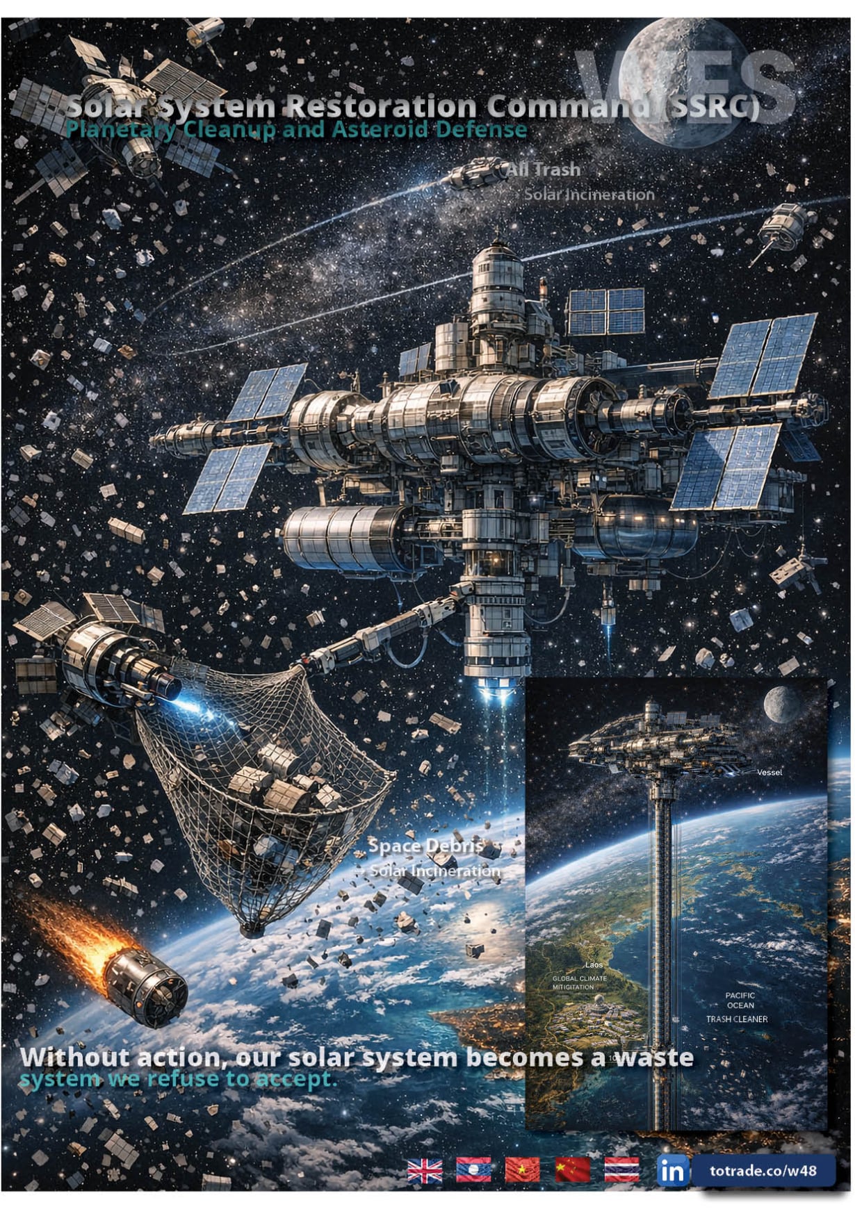 Solar System Restoration Command (SSRC™). We clean land, rivers, oceans, and air. We tackle space debris and asteroid defense by harvesting them