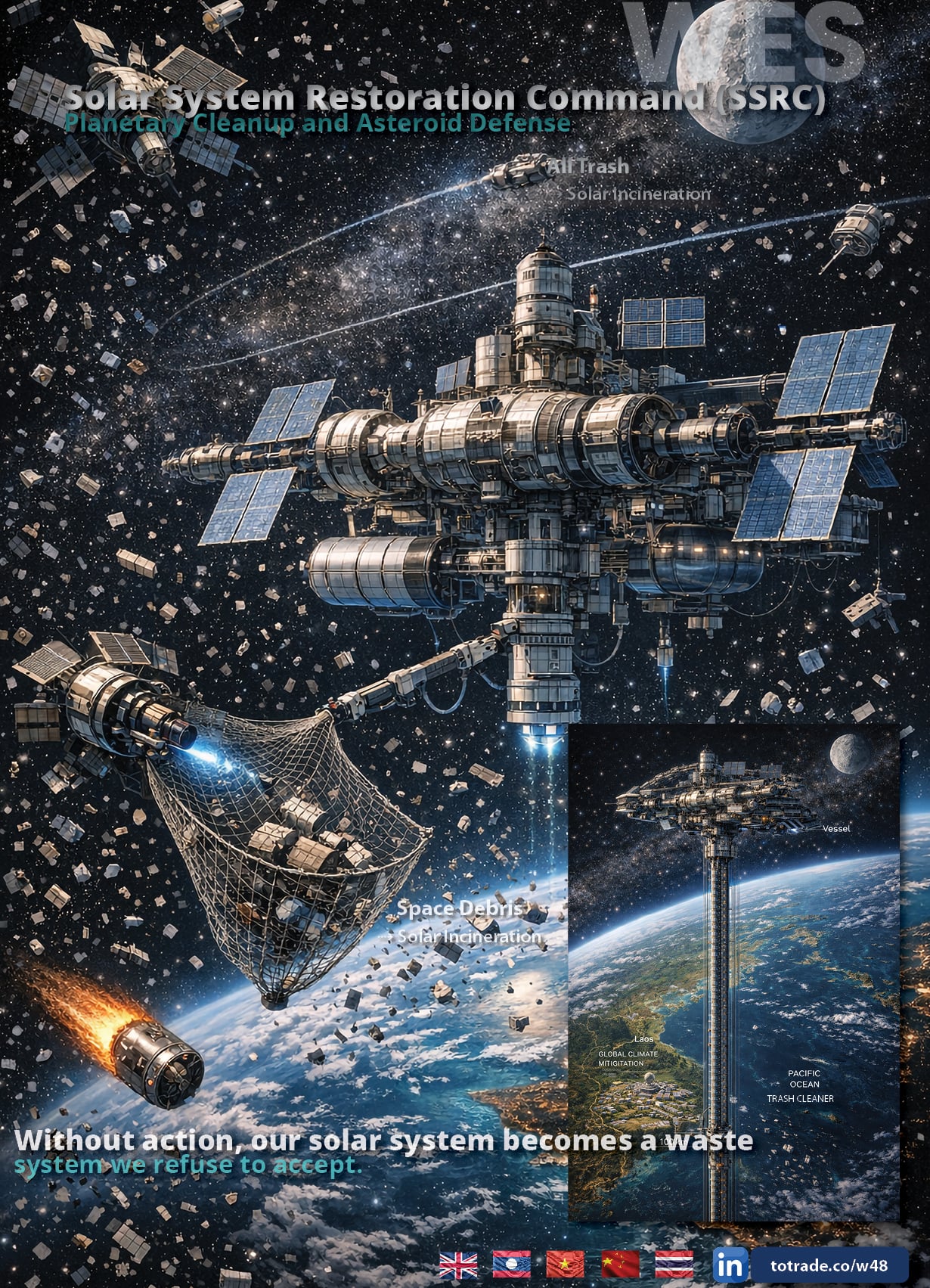 Solar System Restoration Command (SSRC™). We clean land, rivers, oceans, and air. We tackle space debris and asteroid defense by harvesting them