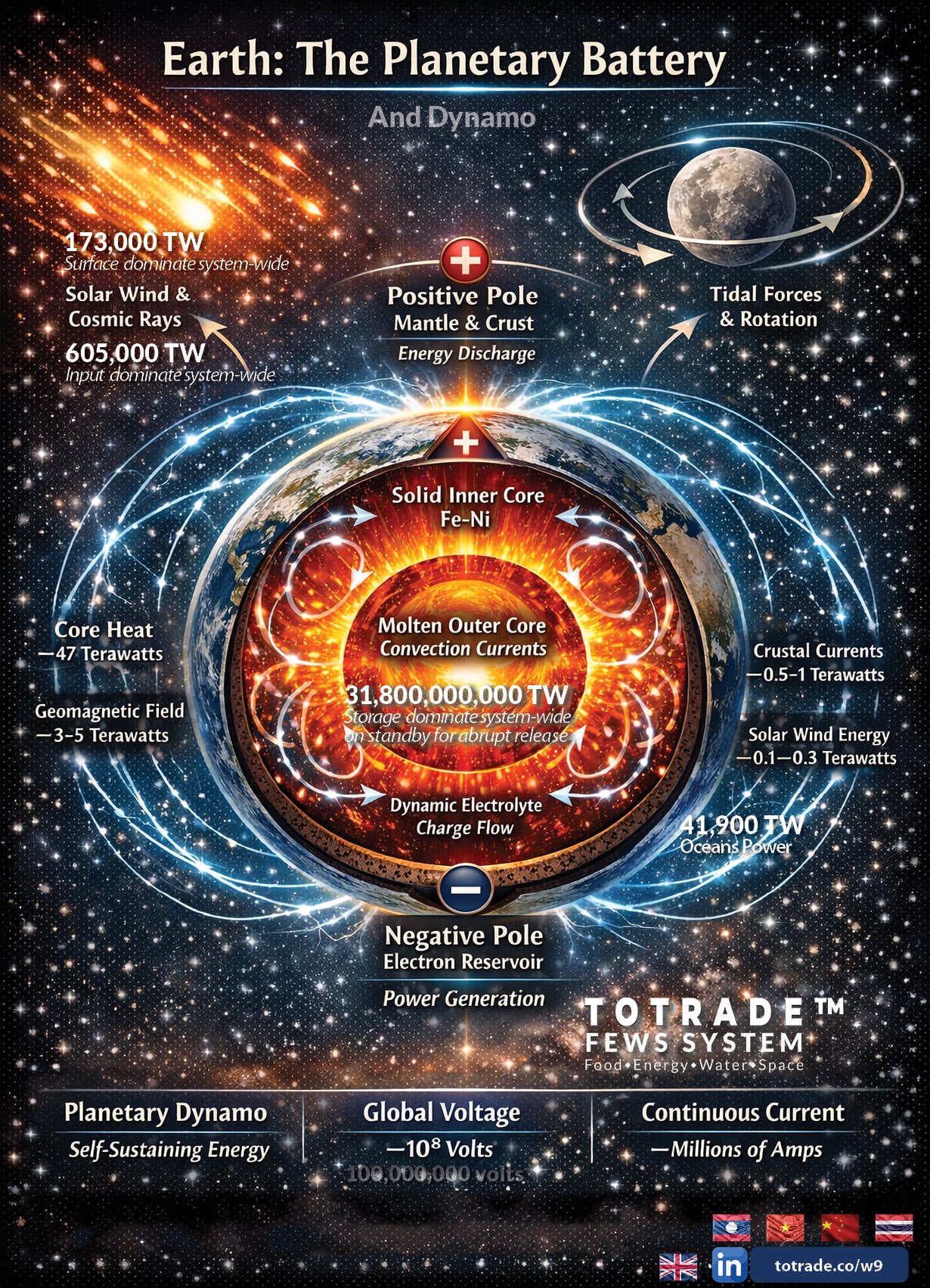Earth Is a Self-Sustaining Planetary Battery. 31.8 Billion TW Stored