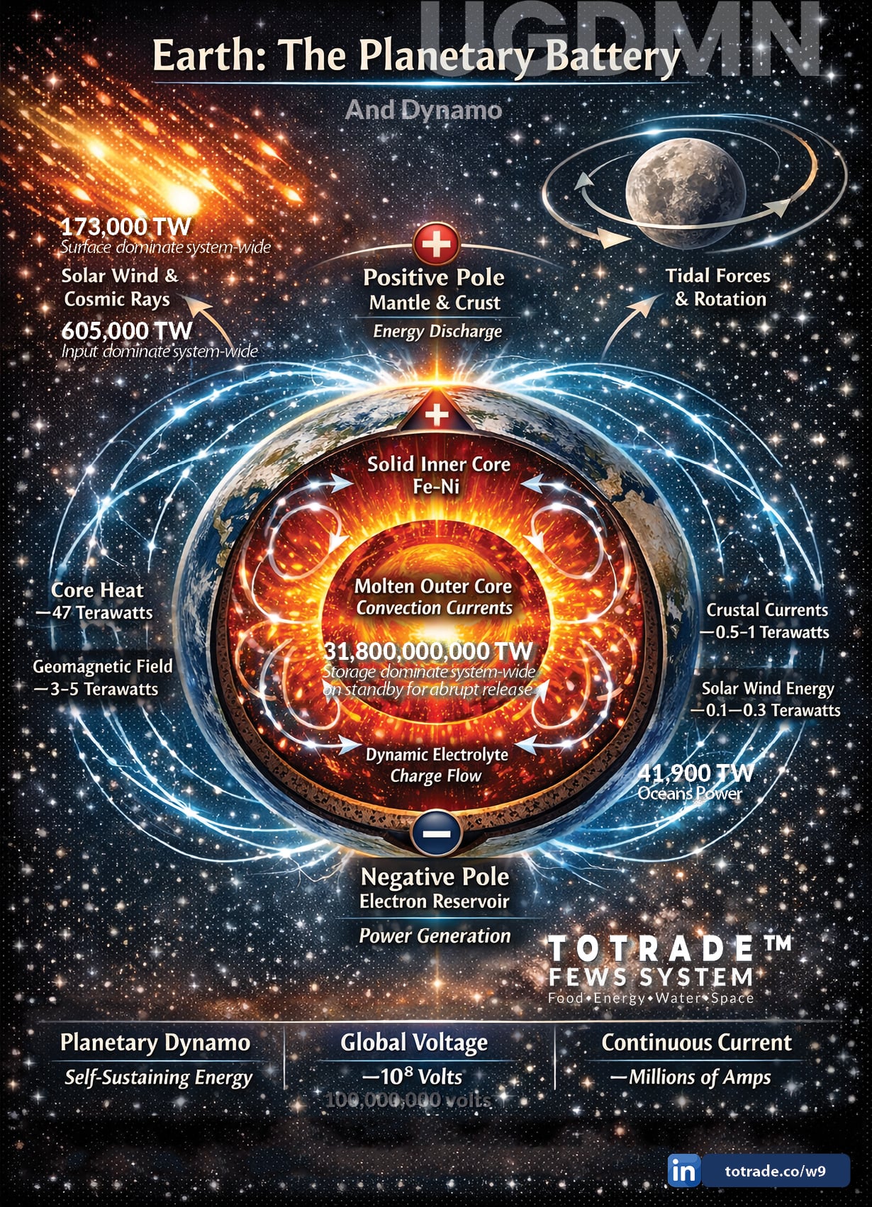 Earth Is a Self-Sustaining Planetary Battery. 31.8 Billion TW Stored