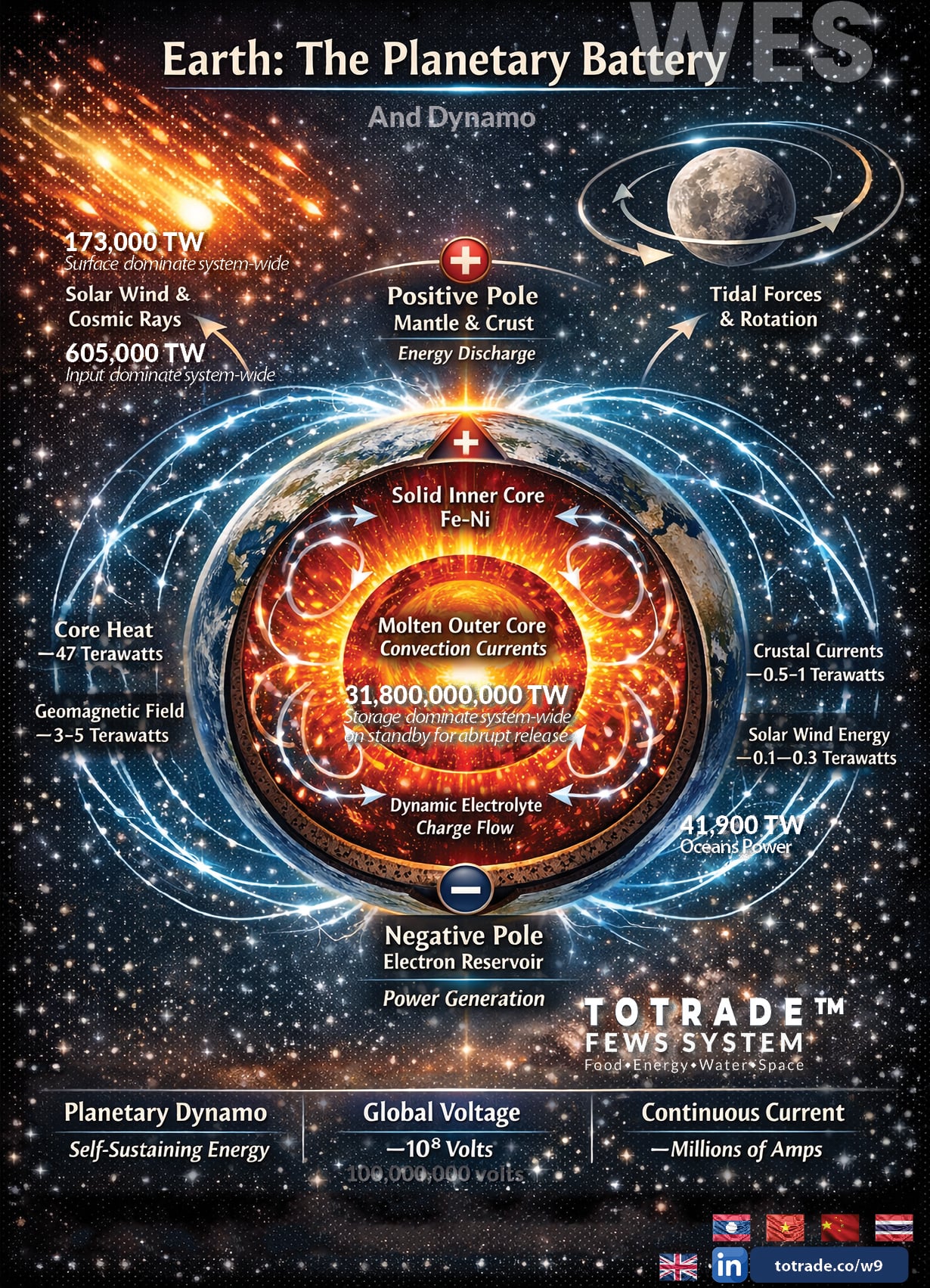 Earth Is a Self-Sustaining Planetary Battery. 31.8 Billion TW Stored